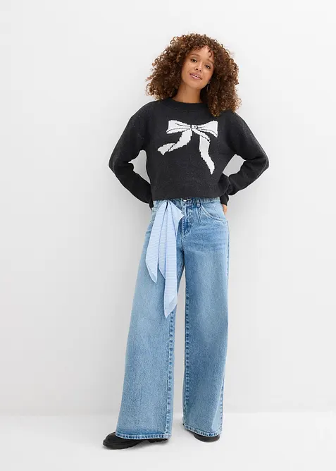 Ribbstickad tr&ouml;ja med rosett, bonprix