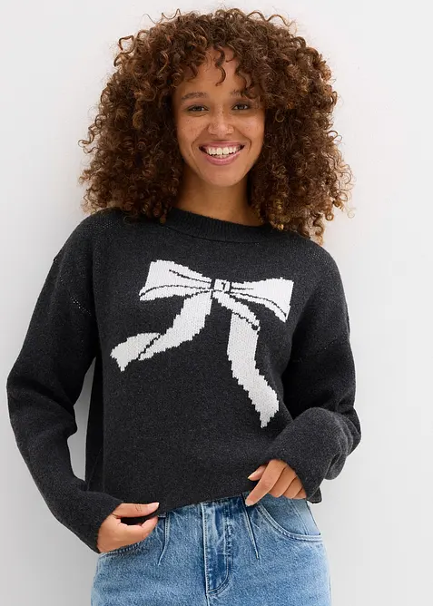 Ribbstickad tr&ouml;ja med rosett, bonprix