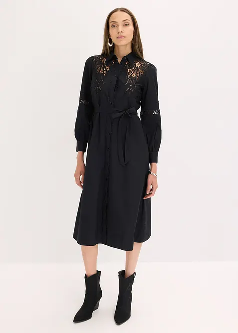 Mellanlång bomullsklänning med spetsinfällning, bonprix