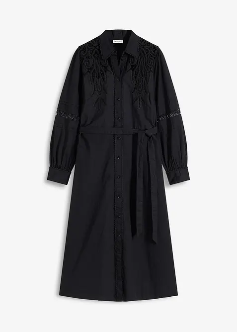 Mellanlång bomullsklänning med spetsinfällning, bonprix