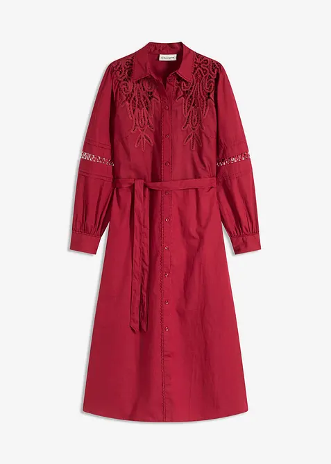 Mellanlång bomullsklänning med spetsinfällning, bonprix