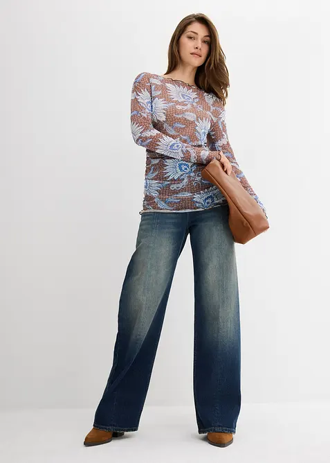 Långärmad topp i fintrådig mesh, bonprix