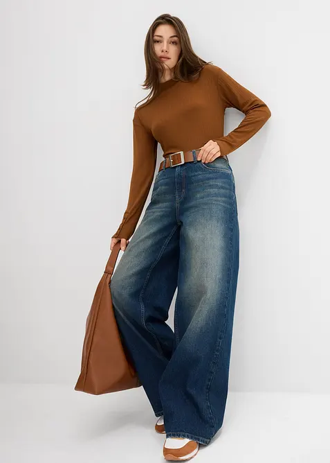 Ribbstickad topp med långa ärmar, bonprix