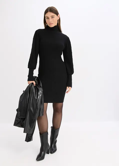 Stickad klänning med polokrage, bonprix