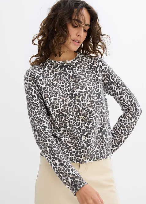 Finstickad cardigan med leopardmönster, bonprix