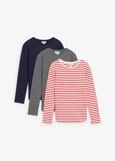 Långärmad tröja i ren ekologisk bomull (3-pack), bonprix