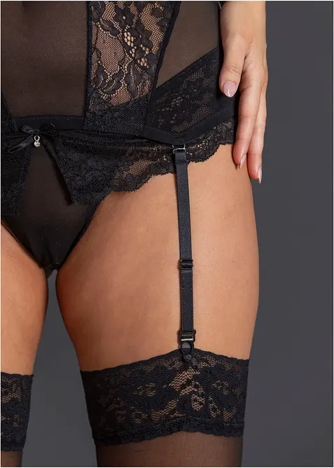 Korsettlinne med strumpebandshållare + stringtrosa ouvert (2 delar), bonprix