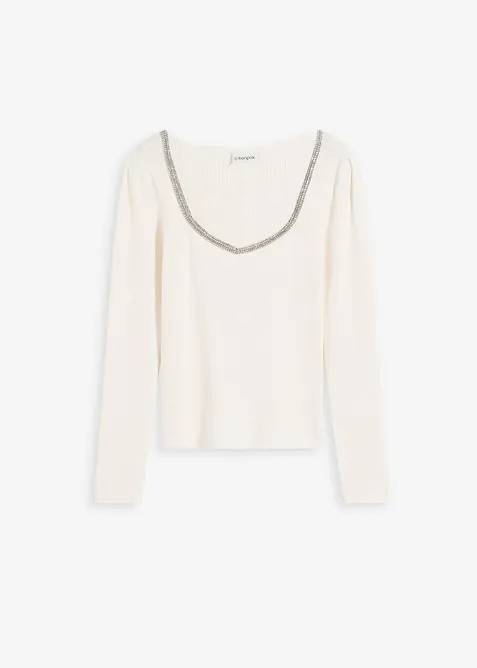 Finstickad tröja med smyckesdetalj, bonprix