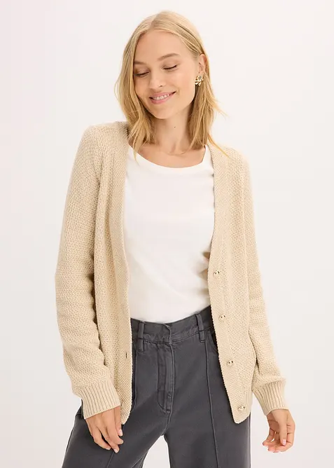 Melerad cardigan med guldfärgade knappar, bonprix