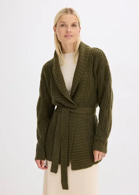Grovstickad cardigan med flätmönster, bonprix