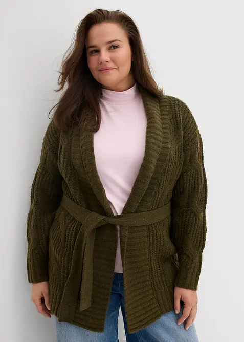 Grovstickad cardigan med flätmönster, bonprix