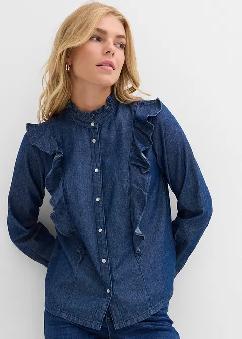 Jeansblus med volanger i bomull, bonprix