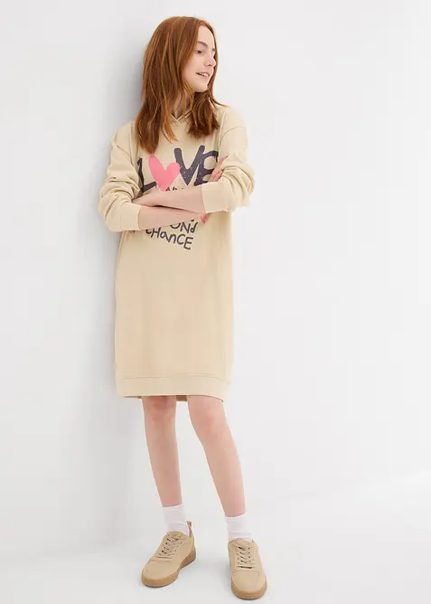 Trikåklänning av ekologisk bomull, med huva, bonprix