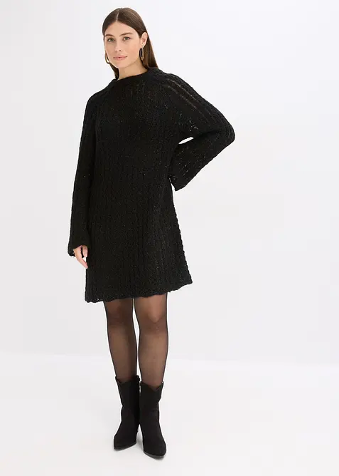 Lätt transparent, stickad miniklänning med satinrosett, bonprix