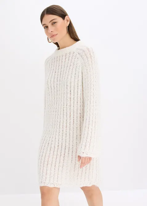 Lätt transparent, stickad miniklänning med satinrosett, bonprix