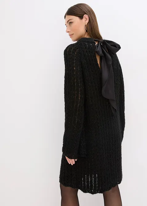 Lätt transparent, stickad miniklänning med satinrosett, bonprix