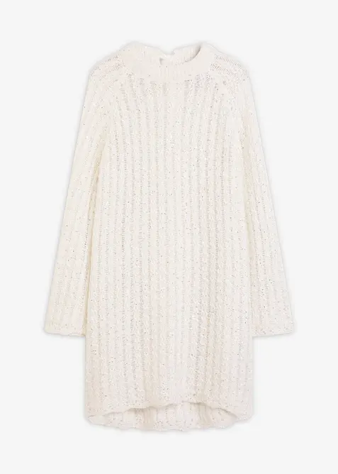 Lätt transparent, stickad miniklänning med satinrosett, bonprix