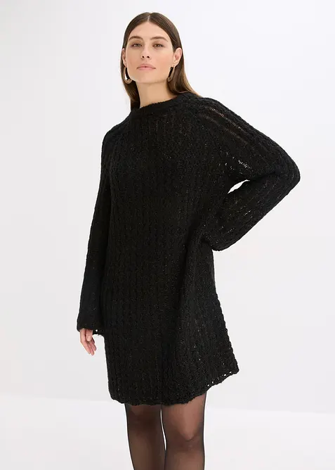 Lätt transparent, stickad miniklänning med satinrosett, bonprix