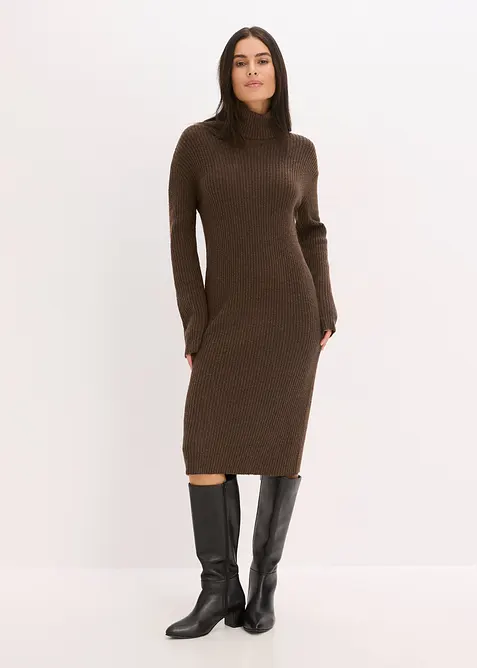 Ribbstickad klänning med polokrage, bonprix