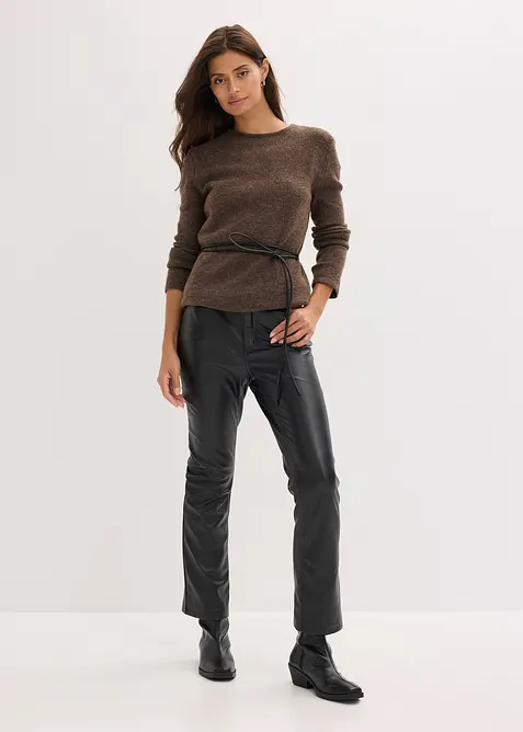 Stickad topp med knytband i skinnimitation, bonprix