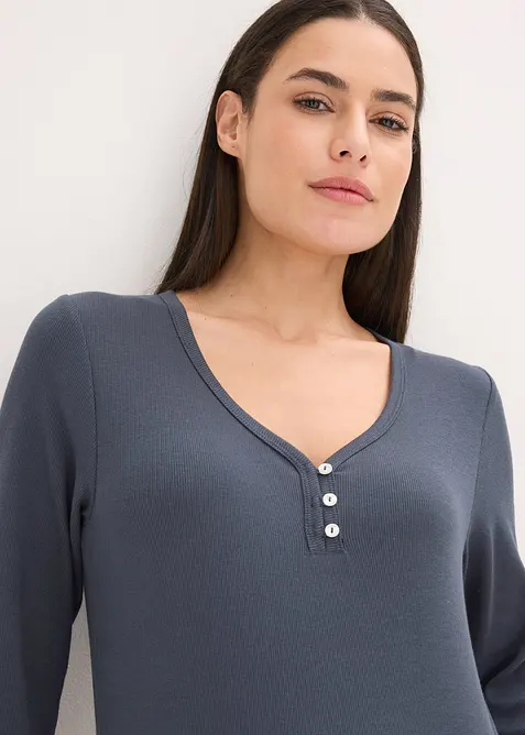 Pyjamas med ribbad topp och flanellbyxa med glittrande trådar, bonprix