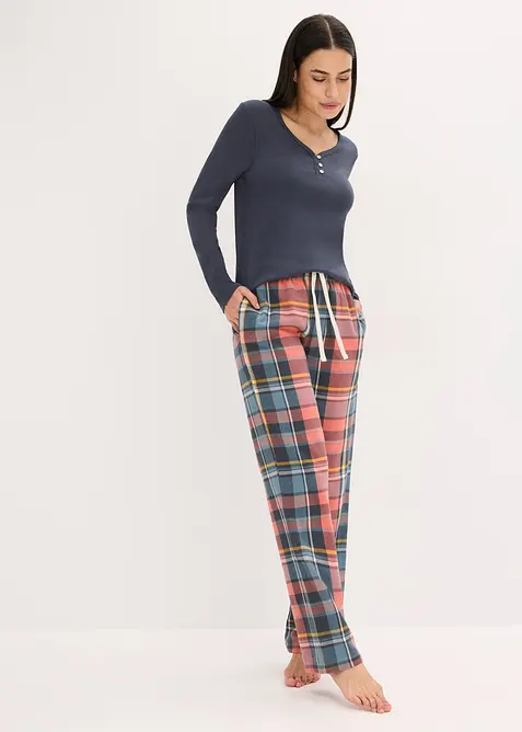 Pyjamas med ribbad topp och flanellbyxa med glittrande trådar, bonprix