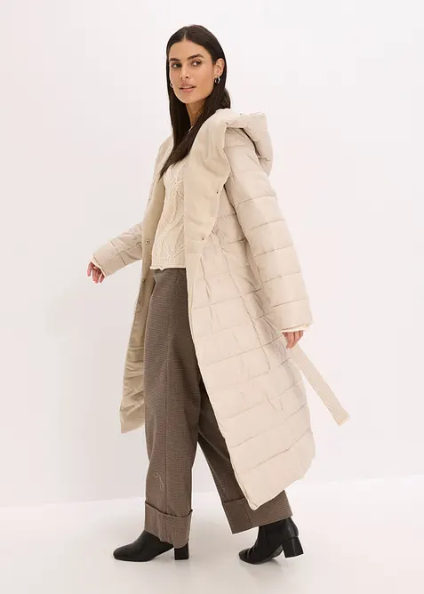 Täckkappa med besättning av ylleimitation och knytskärp (2 delar), bonprix