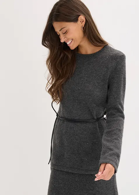 Stickad topp med knytband i skinnimitation, bonprix