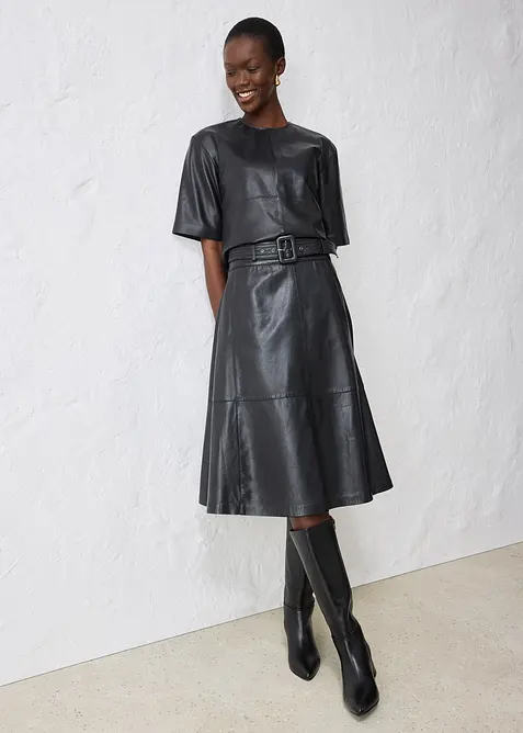 Skinnkjol i lammnappa med skärp (2 delar), bonprix