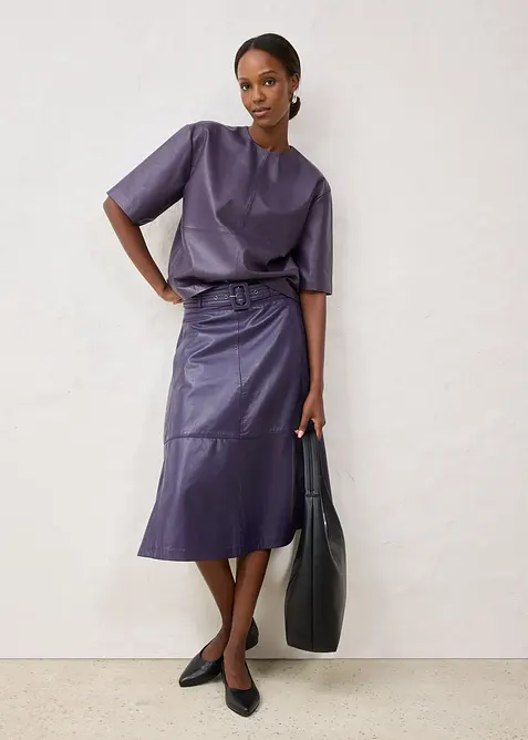 Skinnkjol i lammnappa med skärp (2 delar), bonprix