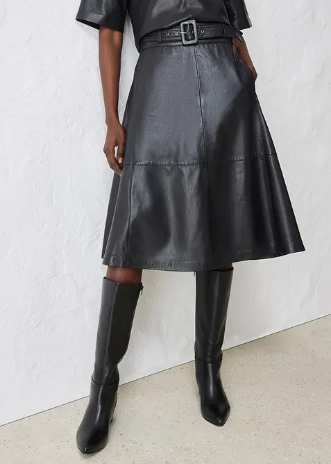 Skinnkjol i lammnappa med skärp (2 delar), bonprix