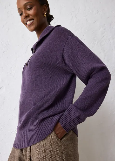 Tröja med krage och knappar i merinoull, bonprix