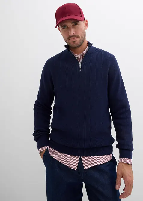 Tröja med krage och dragkedja i ren bomull, bonprix