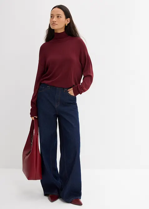 Finstickad tröja med bred halvpolo i tunn viskosmix, bonprix