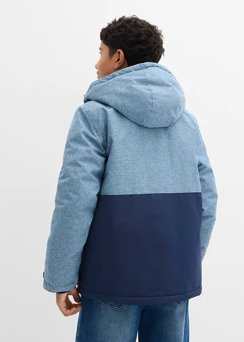 Vadderad vinterjacka med huva och blockfärger, bonprix