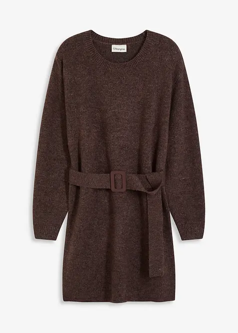 Kort, stickad klänning med mjuk ull och skärp, bonprix