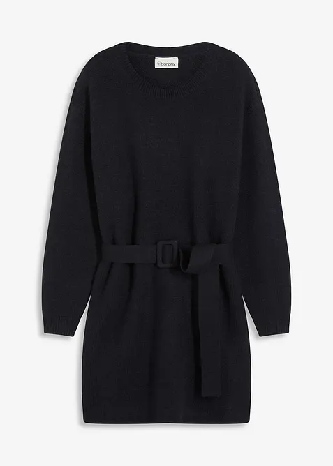 Kort, stickad klänning med mjuk ull och skärp, bonprix