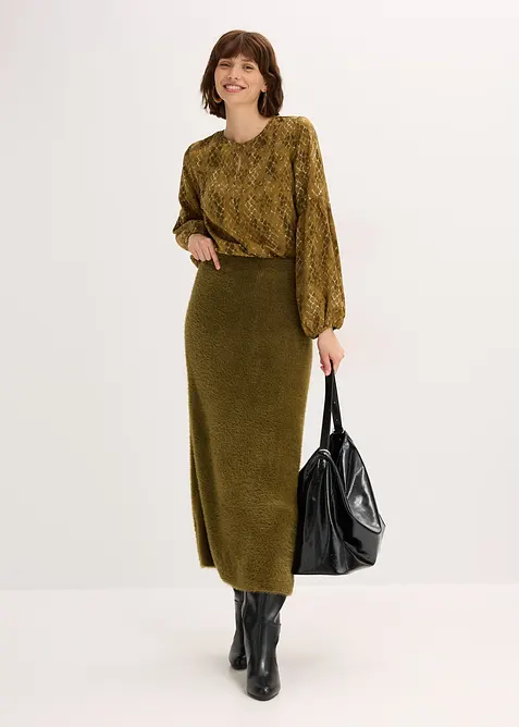 Stickad kjol i fluffigt material, bonprix