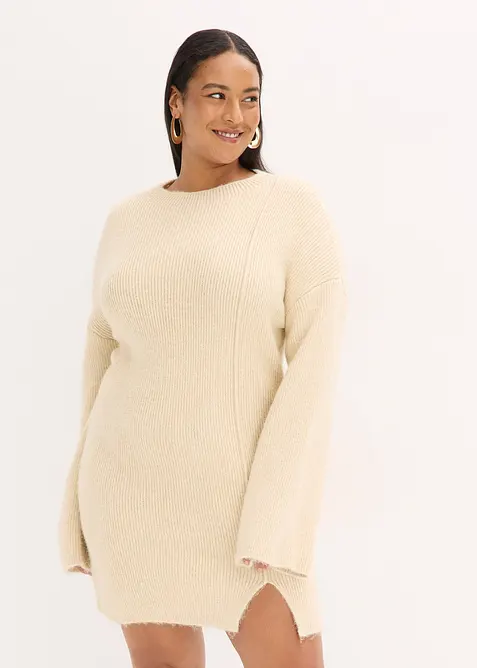 Kort stickad klänning i materialmix, bonprix