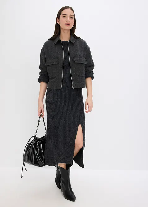 Stickad klänning med slits, bonprix