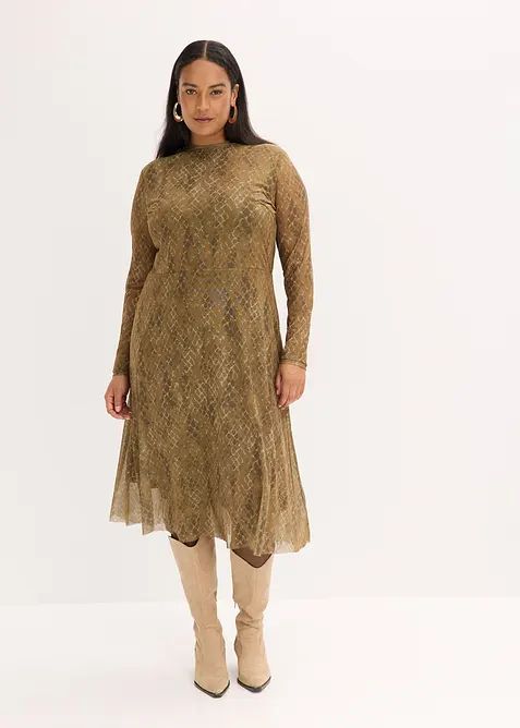 Mellanlång klänning i fin mesh, bonprix