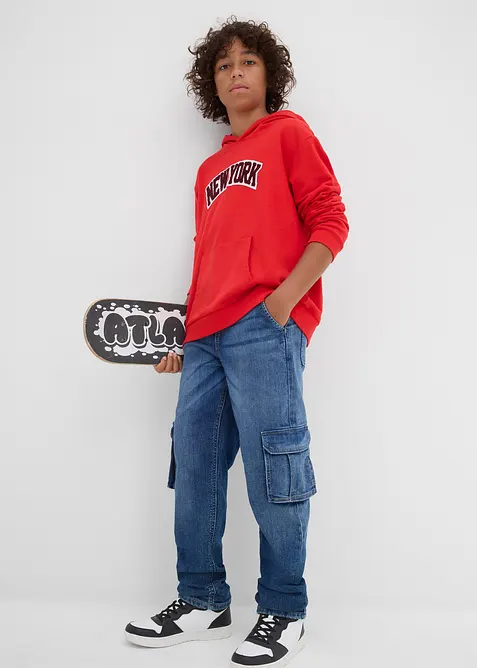 Jerseyfodrade jeans med cargofickor, Loose Fit, Tapered, bonprix