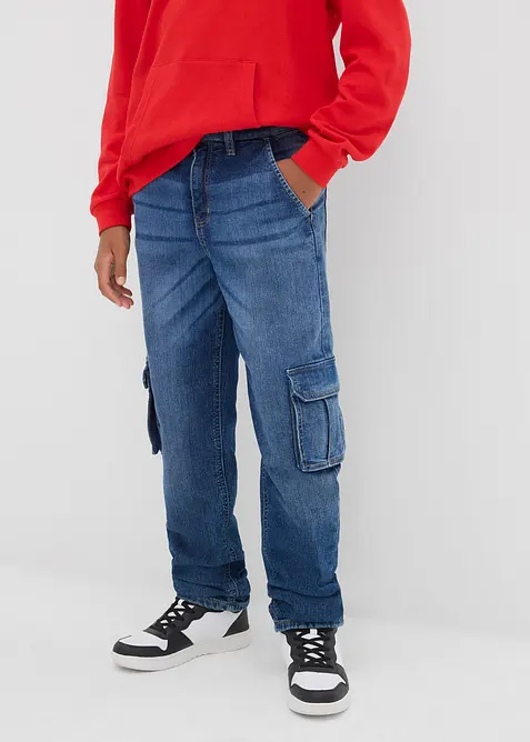 Jerseyfodrade jeans med cargofickor, Loose Fit, Tapered, bonprix