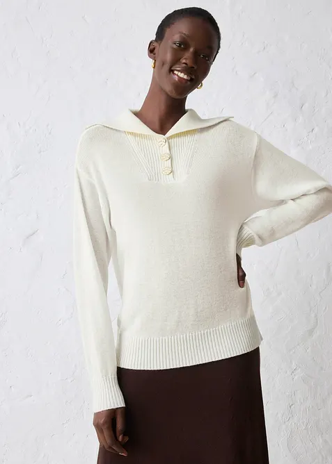 Tröja med krage och knappar i merinoull, bonprix