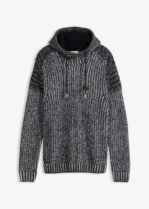 Grovstickad tröja med luva och bikerdetaljer, bonprix