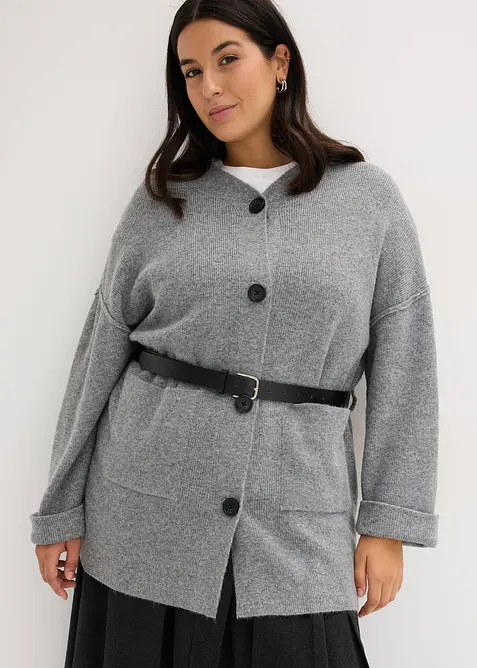 Kort stickad cardigan med skärp, bonprix