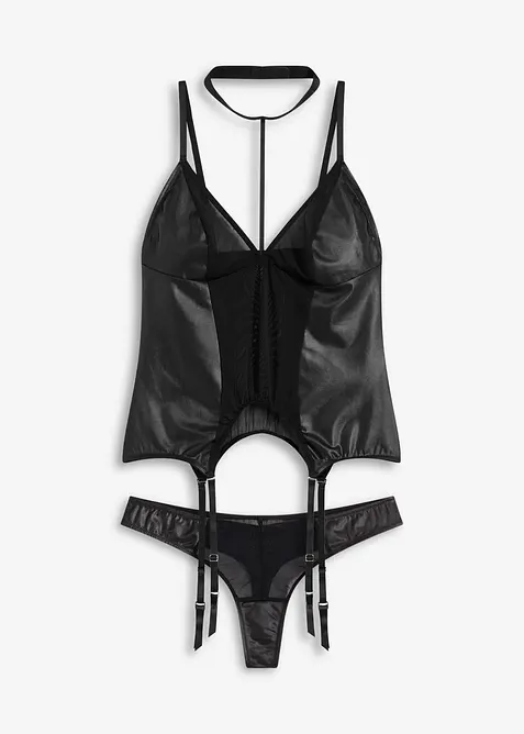 Linne med strumpehandshållare + stringtrosa (2 delar), bonprix