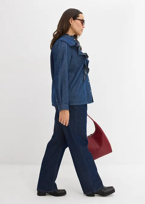 Jeansblus med volanger i bomull, bonprix