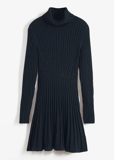 Utsvängd stickad klänning med polokrage, bonprix