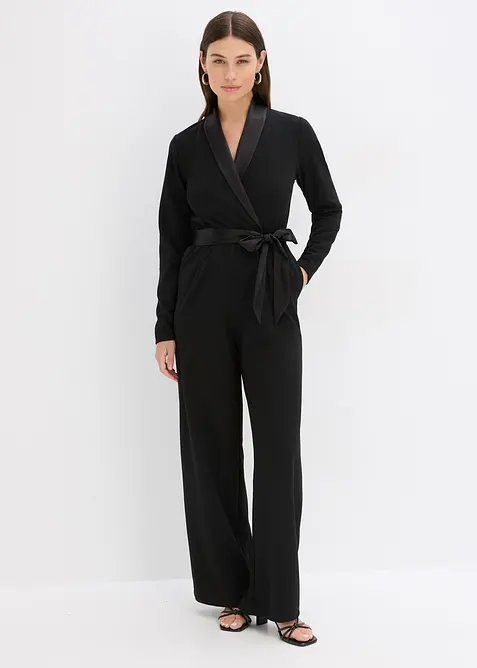 Jumpsuit i kräpp med struktur och med satininfällning, bonprix